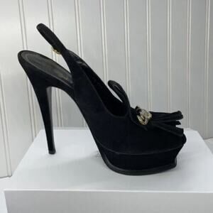 Yves Saint Laurent Black Suede Fringe Chain Open Toe Slingback Stiletto Heel 8.5